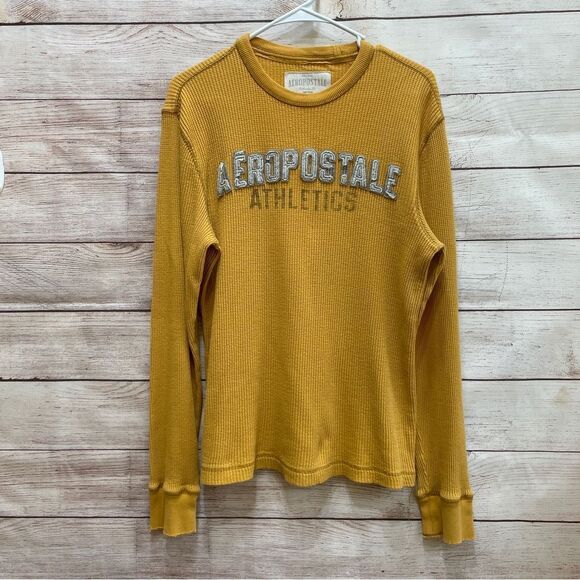 AEROPOSTALE THERMAL WAFFLE KNIT SHIRT IN MUSTARD YELLOW - Picture 1 of 6
